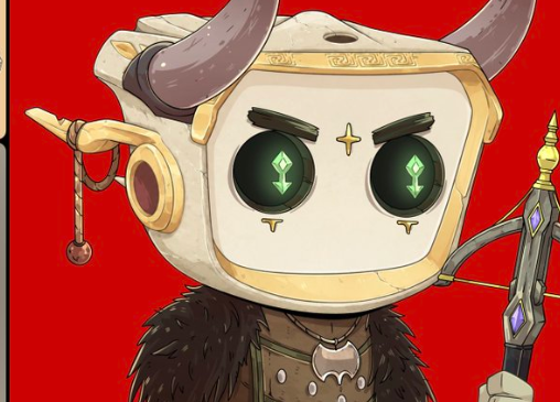 A digital illustration of a horned helmeted character with green diamond-shaped eyes wearing fur-trimmed armor and holding a bow against a red background.