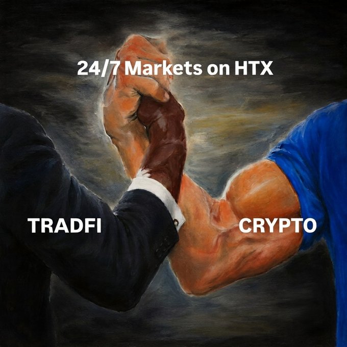 A dramatic painting shows an arm-wrestling match between a suited businessman labeled "TRADFI" and a muscular figure in a blue shirt labeled "CRYPTO," with "24/7 Markets on HTX" displayed above their clasped hands, visually symbolizing the convergence of traditional and crypto finance on HTX's round-the-clock platform.