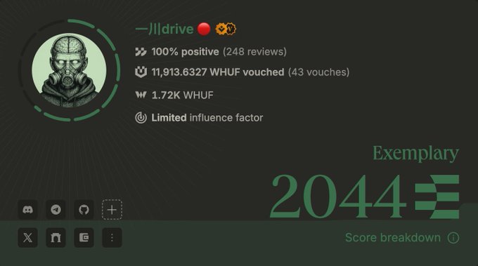 A user profile card for 'jlldrive' with a gas mask avatar, displaying '100% positive (248 reviews)', '11,913.6327 WHUF vouched', and an 'Exemplary 2044' score.