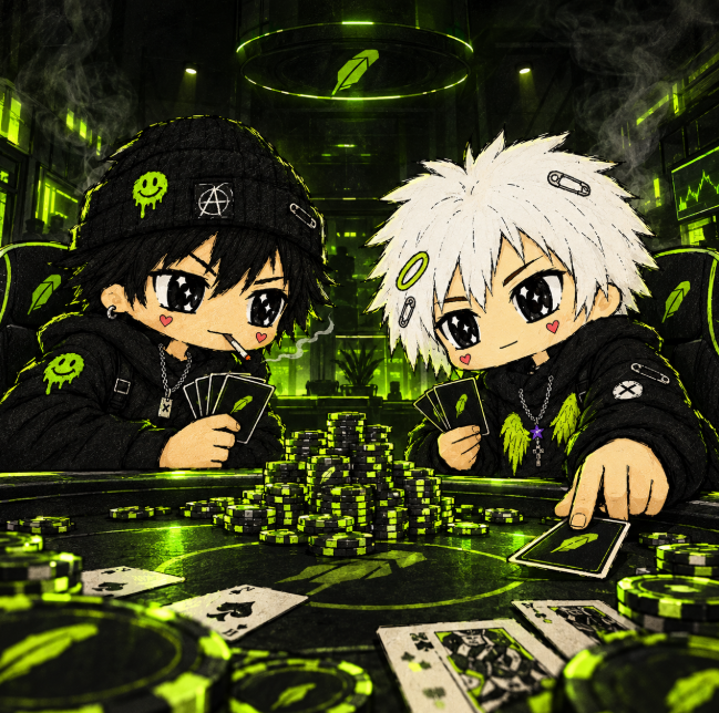 Two chibi anime characters with oversized eyes—one in a black beanie with a smiley face patch, the other with spiky white hair—are seated at a neon green-lit poker table, holding cards amid stacks of glowing chips and a central pile of money, perfectly matching the caption's "the table is hot" gambling hype.