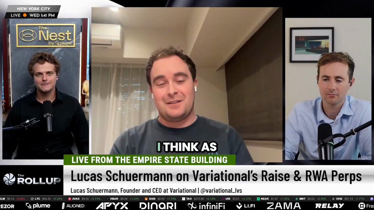The image shows a conversation between three men, with one man speaking at the top of the screen and two others below him. The background features a poster for "Live from the Empire State Building" by Lucas Schurmann. The poster also includes text about RWA and Variational's raise and fill model.