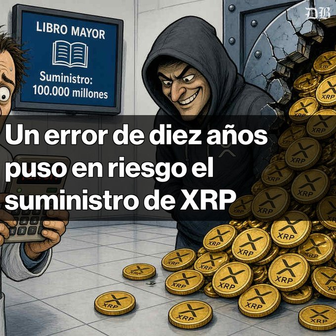 A cartoon illustration by Diario Bitcoin depicts a hooded thief stealing XRP coins from a vault labeled 'LIBRO MAYOR Suministro: 100.000 millones' with Spanish text reading 'Un error de diez años puso en riesgo el suministro de XRP'.