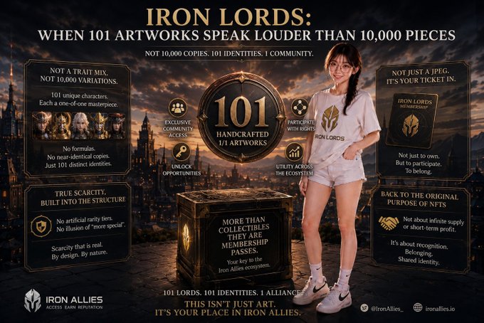 A promotional graphic for 'IRON LORDS' featuring a woman in a white t-shirt, advertising '101 HANDCRAFTED 1/1 ARTWORKS' and membership passes.