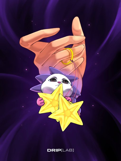 Digital artwork of a hand holding a crescent moon charm, with a small white cat-like creature peeking out behind yellow stars, branded 'DRIP[LAB]' at the bottom.