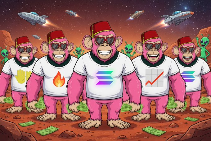Five pink, sunglasses-wearing apes donning red caps stand on a red planet littered with cash, with spaceships and small green aliens in the backdrop—matching the "apes strong together" degen energy vibe as the cartoonish mascots hype the community's biggest weekend plays.