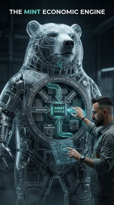 A digital artwork titled "THE MINT ECONOMIC ENGINE" depicting a man in tactical clothing operating a translucent mechanical bear hologram featuring various system labels like "MINT STATUS," "REWARDS," and "NFT MODIFIER."