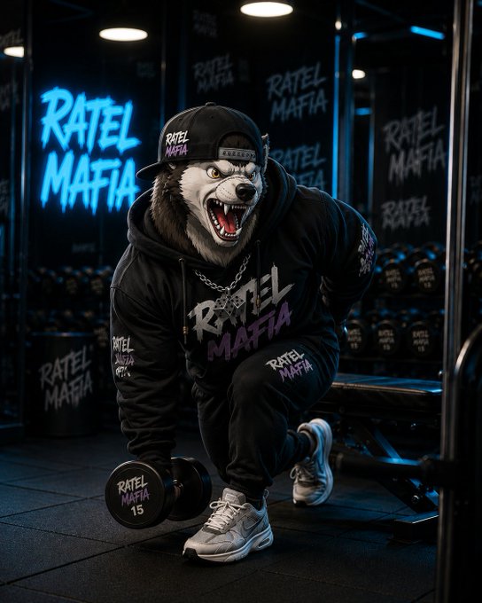 A muscular wolf mascot in a gym, clad in a “RATEL MAFIA” hoodie and cap, lifts a 15‑lb dumbbell beneath glowing neon “RATEL MAFIA” signs. The scene mirrors the @_RATELMAFIAS hype, signaling the start of something big in Web3.