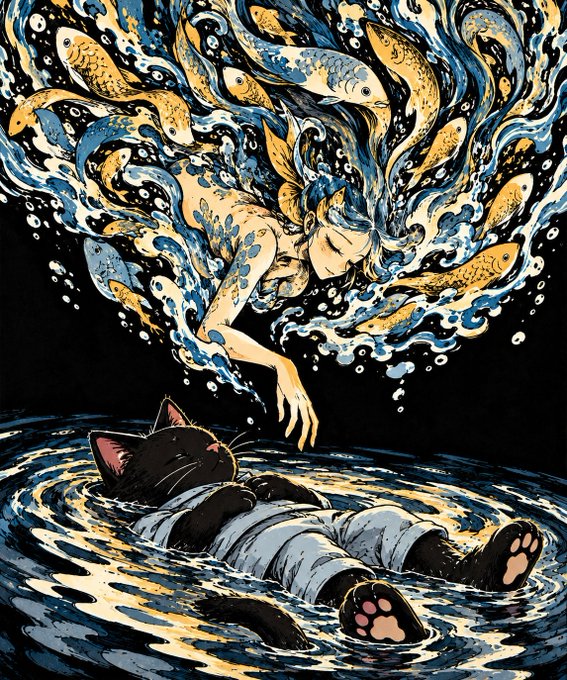 Stylized illustration of a black and white cat floating on its back in dark water while a woman with flowing hair made of fish and water waves reaches down toward it.
