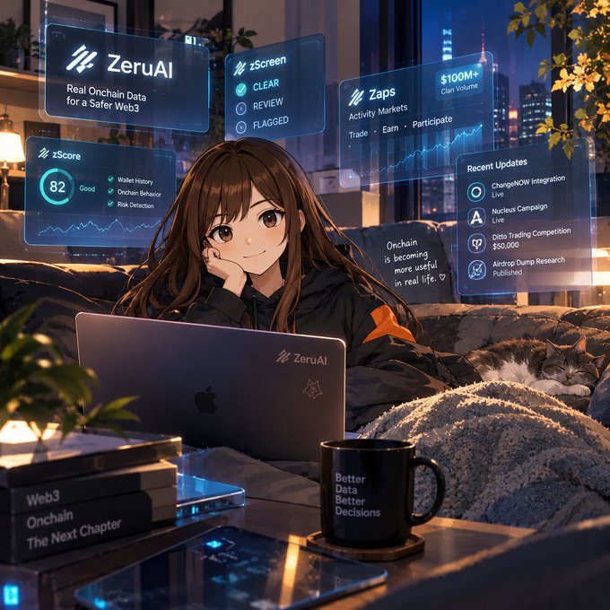 An anime-style woman uses a ZeruAI laptop surrounded by holographic UI panels for zScreen, zScore, and Zaps, with floating text reading 'Onchain is becoming more useful in real life.' A cat sleeps nearby and a mug says 'Better Data Better Decisions'.