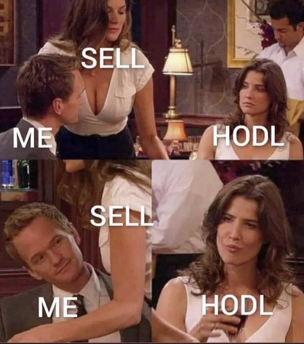 A 'Barney Stinson meme' from How I Met Your Mother with text labeling the characters as 'ME' (Barney) saying 'SELL' while 'HODL' (the woman) looks at him dismissively.