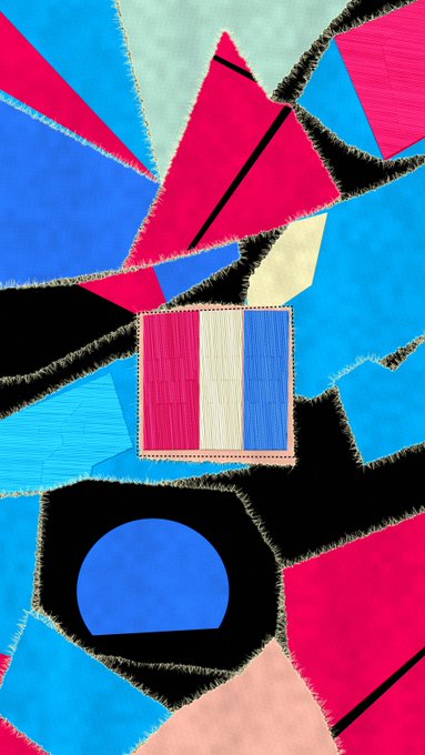 A vibrant textile artwork featuring fragmented geometric shapes in pink, blue, black, and beige, with a stitched rectangular patch displaying three vertical color bars (pink, white, blue) at its center. The composition evokes a chaotic yet intentional mosaic, complementing the "gm ordinals" post by visually representing a stitched-together, ordinal-like collection of digital art pieces.