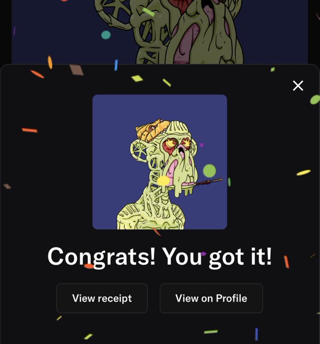A celebratory NFT reveal screen with confetti animations showing 'Congrats! You got it!' after receiving a zombie-like cartoon NFT character, with options to 'View receipt' or 'View on Profile'.
