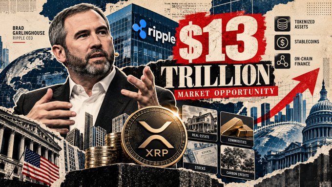 A promotional thumbnail featuring Brad Garlinghouse, Ripple CEO, alongside text highlighting a '$13 TRILLION MARKET OPPORTUNITY' involving XRP, tokenized assets, and stablecoins.