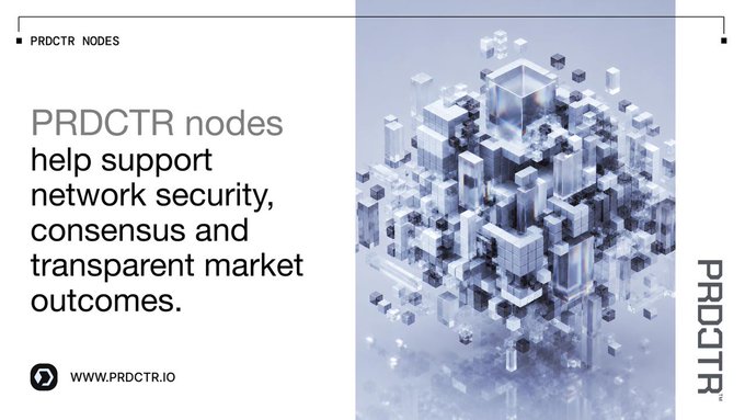 A promotional graphic explaining that 'PRDCTR nodes help support network security, consensus and transparent market outcomes,' featuring an isometric 3D illustration of a futuristic city made of cubes.