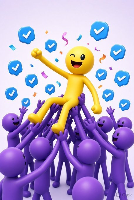 A 3D illustration showing a yellow smiling figure being celebrated by purple figures, with blue checkmark icons and colorful confetti floating around.