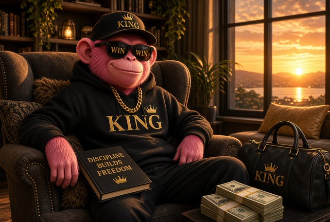A digitally rendered image of a pink monkey wearing sunglasses labeled "WIN," a "KING" hat, and a "KING" tracksuit, sitting in a chair with a book titled "DISCIPLINE BUILDS FREEDOM," stacks of cash, and a "KING" duffel bag nearby.