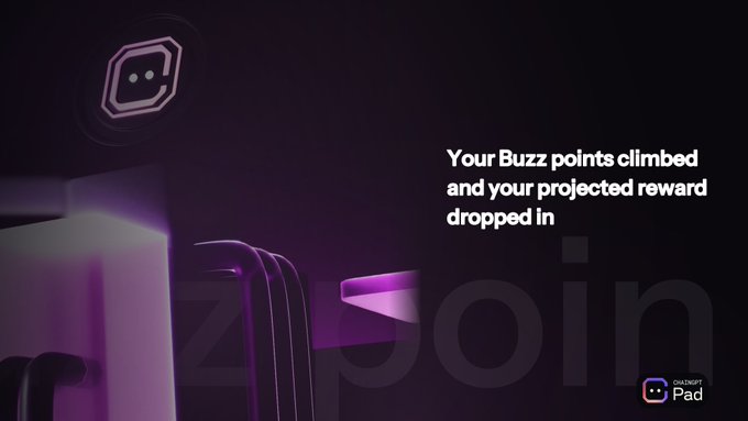 The image displays a dark purple-themed graphic featuring the ChainGPT Pad logo in the corner and partial 3D-rendered text, alongside a chat bubble icon and the message "Your Buzz points climbed and your projected reward dropped in," which introduces ChainGPT's Buzz reward program for launches.