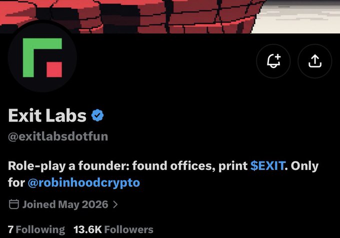 The image shows the Twitter/X profile of "Exit Labs" (@exitlabsdotfun), a verified account with 13.6K followers, whose bio reads "Role-play a founder: found offices, print $EXIT. Only for @robinhoodcrypto." The post promotes a fair allocation for @$l0f0_00 holders and @africanadao members, with a free mint of 4,444 items launching on the Robinhood platform.