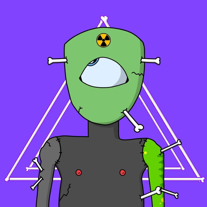 A cartoon-style illustration of a stitched-together character with a green head featuring a radiation symbol, one large eye, and bones protruding from its head, body, and green arm against a purple background with a white triangular outline.