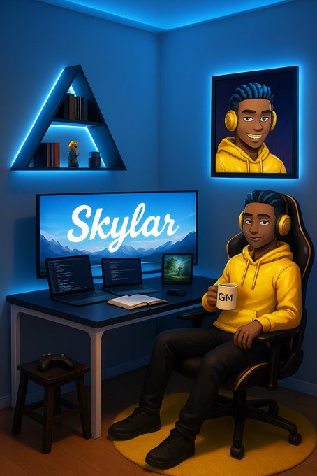 A digital illustration of a young man named "Skylar" sitting in a gaming chair in a blue-lit room, wearing a yellow hoodie and holding a mug labeled "GM", with dual monitors displaying code on his desk.