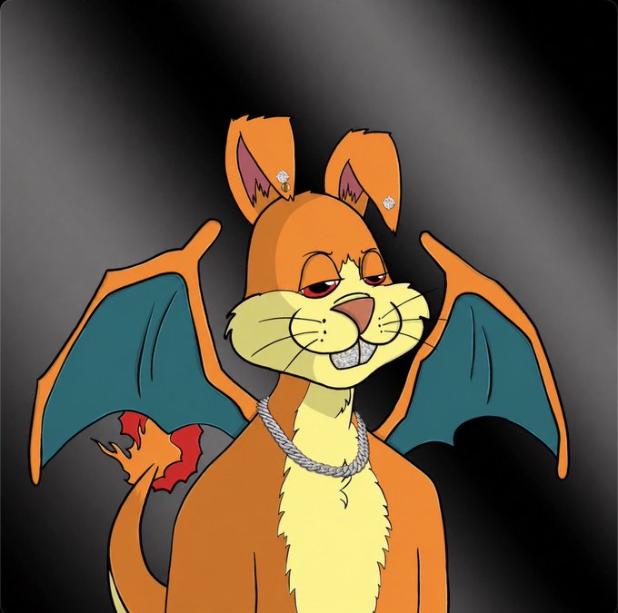 A cartoon orange and yellow dragon-like creature with bat wings, diamond earrings, and a silver chain necklace smirks confidently against a dark gradient background. The image appears to be a stylized digital avatar that fits a casual "Goodnight web3" farewell post, with the creature's cool, half-lidded expression giving off a laid-back nighttime vibe fitting the message.
