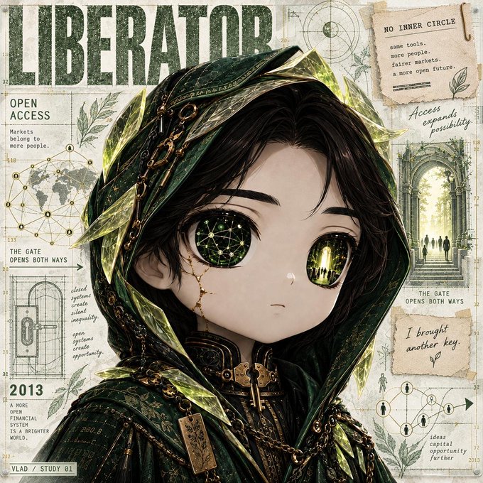 An anime-style digital artwork featuring a green-hooded character with starry eyes, surrounded by collage elements including the word 'LIBERATOR', 'NO INNER CIRCLE', 'OPEN ACCESS', and 'THE GATE OPENS BOTH WAYS'.