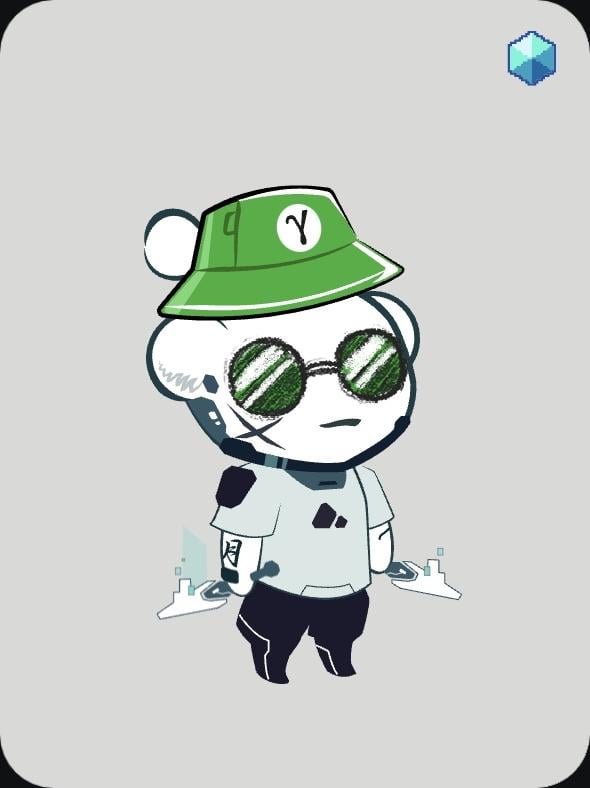 A stylized cartoon character wearing a green bucket hat marked with the "DY" logo and reflective sunglasses stands against a white background with small pixelated cloud effects, visually embodying the playful "Yamimetic Trader" brand suggested in the post.