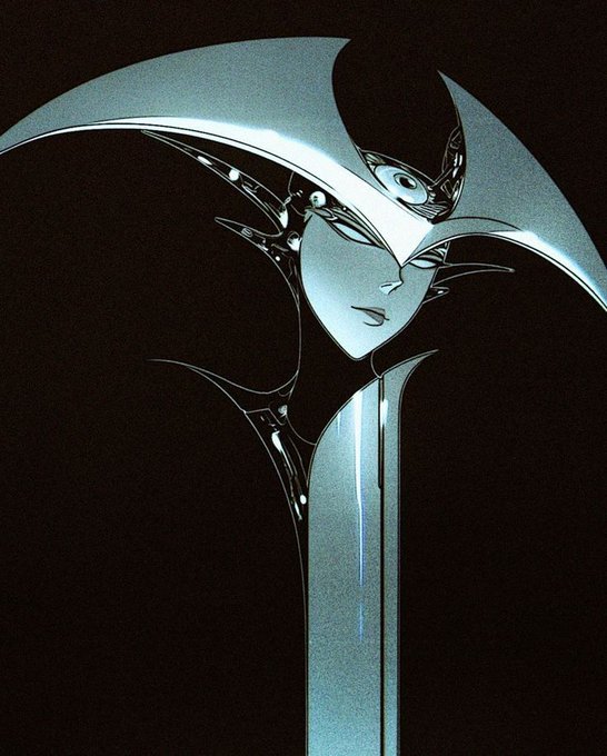 A stylized, futuristic illustration of a metallic, robotic female figure with a large crescent-shaped headdress against a black background.
