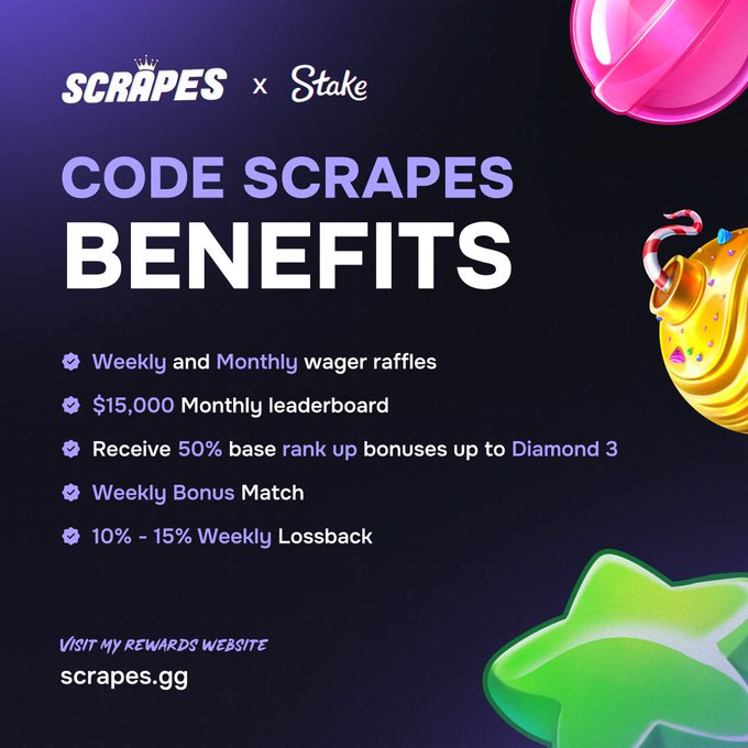 The image presents an exciting advertisement for a new website called "code scraps benefits". It showcases several colorful candy items, including three lollipops with different colors and one star. The poster also features text related to the website's offerings. The primary message of the advertisement is that users can access these benefits by visiting the new website or making transactions using the provided rewards system on Scrapes.gg. This implies a combination of both a fun visual and promotional element, encouraging people to learn more about this novel concept.