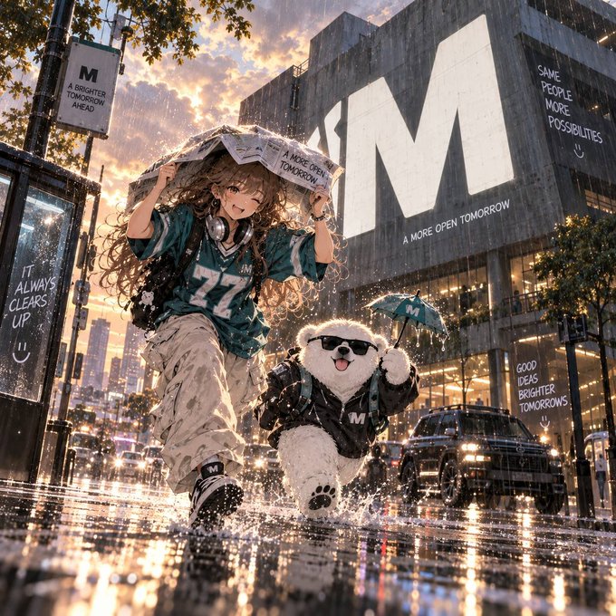 An anime-style illustration showing a girl with a jersey (number 72) and a bear companion wearing sunglasses, both with M logos, running through a rainy city street with a large 'M' building displaying 'A MORE OPEN TOMORROW' and 'SAME PEOPLE MORE POSSIBILITIES'.