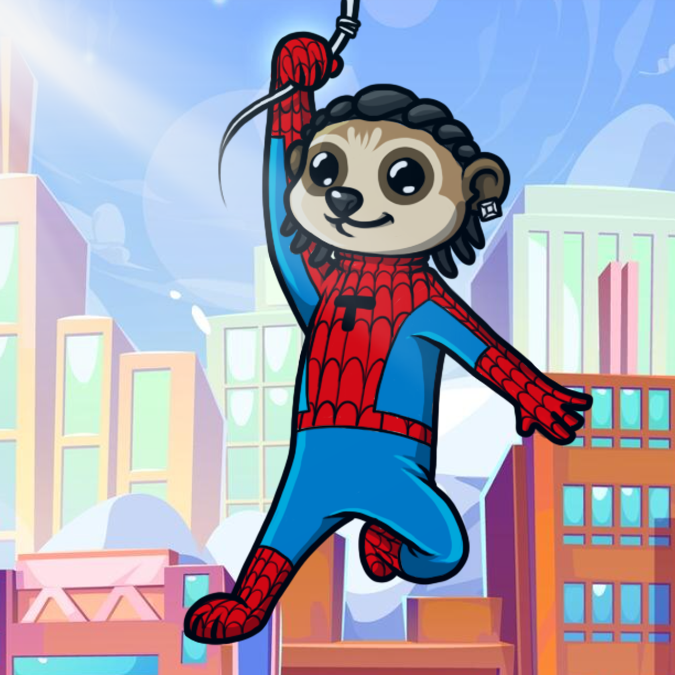 Cartoon illustration of a meerkat character dressed as Spider-Man, swinging on a web through a colorful cityscape.