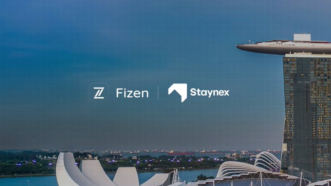 A partnership announcement showing the Fizen and Staynex logos against a backdrop of the Marina Bay Sands hotel and ArtScience Museum in Singapore.