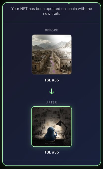 An on-chain NFT update notification showing a 'BEFORE' image of a mountainous ruins landscape (TSL #35) being transformed 'AFTER' into an image of a blue character at a desk.