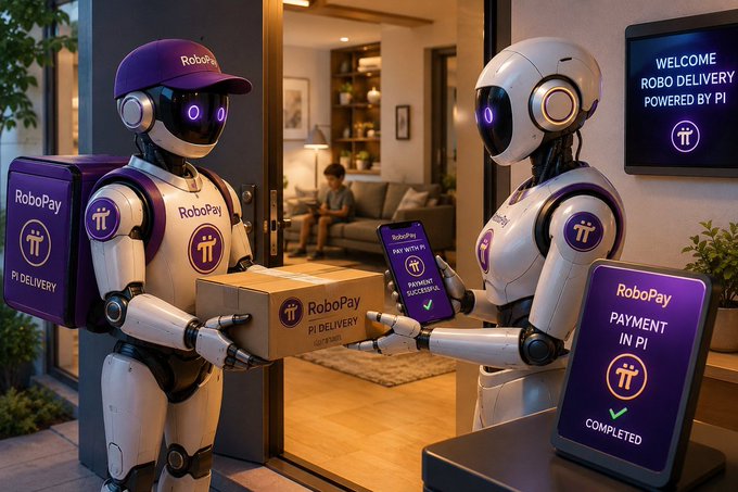 Two white humanoid robots in a delivery scenario, with one handing a package to the other, alongside 'RoboPay' branding and signs reading 'WELCOME ROBO DELIVERY POWERED BY PI' and 'PAYMENT IN PI COMPLETED'.