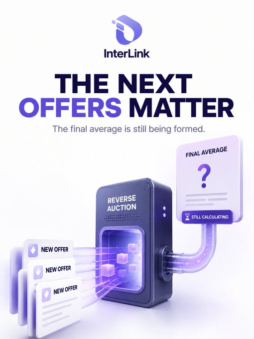 The image, branded with the InterLink logo, features bold text reading "THE NEXT OFFERS MATTER" and "The final average is still being formed." It depicts a 3D illustration of a "REVERSE AUCTION" machine processing "NEW OFFER" cards, which feed into a "FINAL AVERAGE" display showing a question mark and a "STILL CALCULATING" tag. This visually reinforces the accompanying post's message that in the ITL Buyback, each new offer from holders actively shapes the final average price rather than relying on a fixed price set by InterLink.