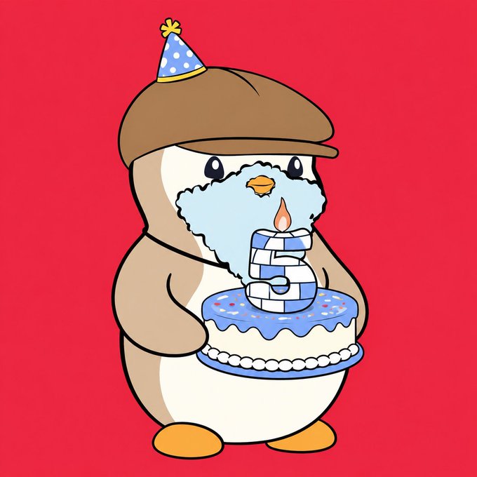 Cute cartoon penguin wearing a brown hood and blue polka-dot party hat, holding a blue birthday cake with a lit candle shaped like the number 5.