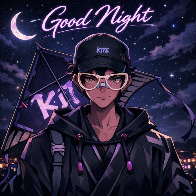 The image features an illustration of a person wearing glasses and a baseball cap standing against a dark sky backdrop. The person appears to be dressed for nighttime or night time activities, possibly attending a party or enjoying some leisure time outdoors. In the background, there is a kite that adds a sense of fun and excitement to the scene.

The image also includes text elements related to the post "Good Night" by @NomismaNetwork. The phrase "Good Night" is written in purple letters at the top of the image, while the phrase "night time" is written below it. Additionally, there are mentions of a kite and a backpack, which could be associated with nighttime activities or outdoor adventures.