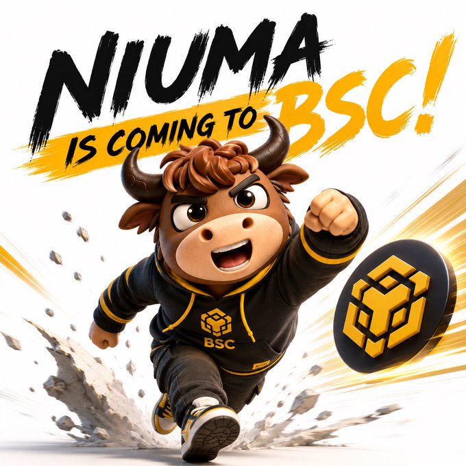 A cartoon bull mascot wearing black and gold BSC gear charges forward while shattering ground beneath it, beside a large yellow BNB-style coin, with bold brushstroke text above reading "NIUMA IS COMING TO BSC!"—visually promoting a crossover between the Niuma/X community and Binance Smart Chain that the post celebrates as a hopeful milestone for players climbing "the wall" for updates.