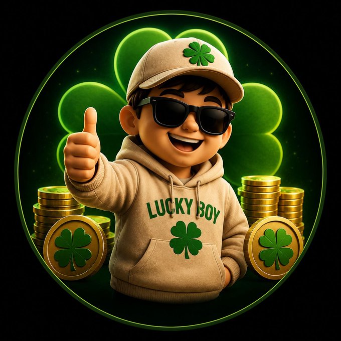 A 3D-rendered cartoon boy wearing a 'LUCKY BOY' hoodie, sunglasses, and a clover cap gives a thumbs up, surrounded by green clover symbols and gold coins.