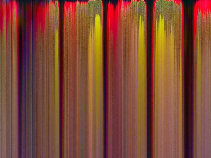 An abstract digital artwork displaying vertical streaks of vibrant red, yellow, and dark green that resemble cascading liquid or paint.