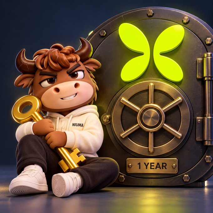 A 3D-rendered cartoon bull character wearing a white hoodie labeled 'NIUMA' sits holding a gold key next to a metal vault door marked '1 YEAR' with a glowing green four-leaf clover symbol