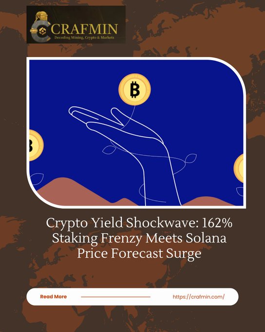 A promotional graphic for 'CRAFMIN' titled 'Crypto Yield Shockwave: 162% Staking Frenzy Meets Solana Price Forecast Surge' featuring an illustration of a hand holding Bitcoin.