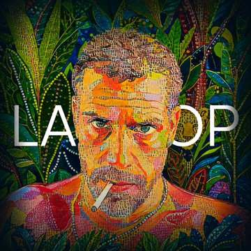 A vibrant, mosaic-style portrait depicts Hunter Biden smoking a cigarette against a lush green leafy backdrop, with the white text "LAPTOP" overlaid across the image—visually referencing the "$LAPTOP" memecoin token tied to the controversial laptop scandal and his alleged involvement in its volatile launch.
