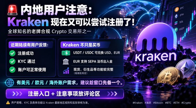 A Chinese promotional advertisement for the Kraken cryptocurrency exchange announcing that mainland Chinese users can now register, featuring the Kraken logo, cryptocurrency icons (BTC, ETH, SOL, USDT), and listing registration benefits like KYC pass and USDT/USDC exchange capabilities.