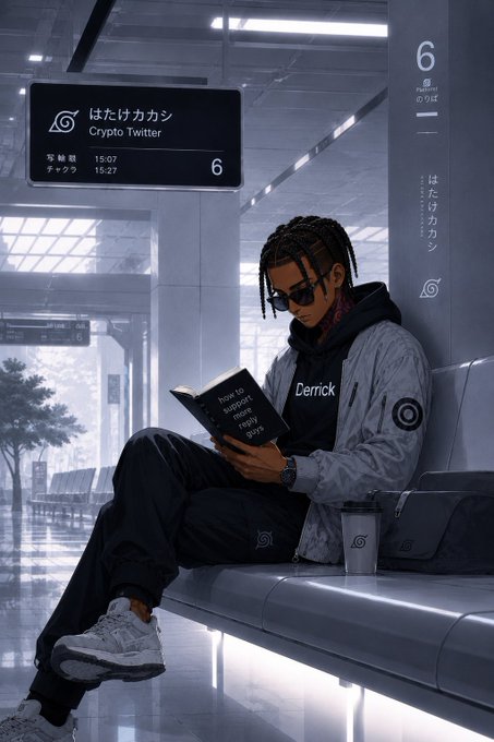 A digital illustration of a young man with braided hair and sunglasses sitting on a bench reading a book titled 'how to support your crazy guys' at a station labeled 'Crypto Twitter' with platform number 6.
