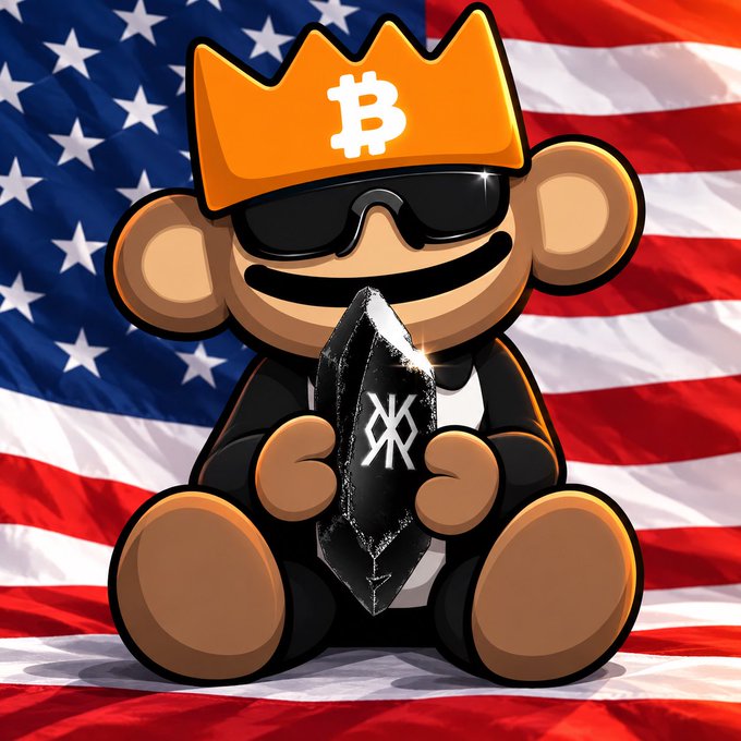 A digital illustration of a cartoon monkey character wearing an orange Bitcoin crown and sunglasses, sitting against an American flag background while holding a black diamond-shaped object with an abstract symbol.