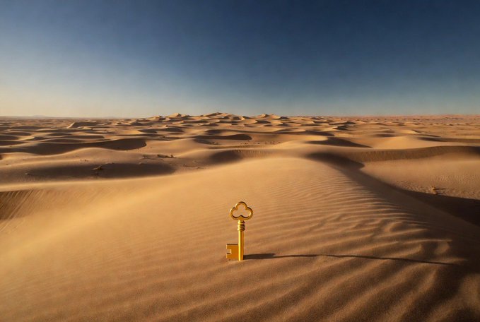 A solitary ornate golden key standing upright in the middle of vast, rippled desert sand dunes under a clear blue sky.