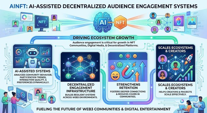The image presents a flow chart that illustrates an AI-assisted audience engagement system for NFT projects. The process starts with creating data points and information about audiences, then uses AI to analyze this data and make decisions to create better experiences tailored to individual viewers' interests. This type of engagement has the potential to drive ecosystem growth in the NFT community by making content more personalized, interactive, and engaging for users. The post emphasizes that this system is focused on Audience engagement as a driving factor behind ecosystem growth within NFT communities and digital entertainment platforms.