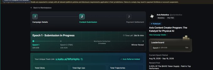 A screenshot of the Kalshi marketplace interface showing the 'Axis Content Creator Program: The Katalyst for Physical AI' campaign by Axis Robotics, with details about Epoch 1, content submission timeline, and campaign dates from August 19 to September 18, 2026.