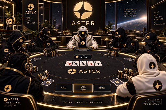 A stylized promotional image for 'ASTER,' depicting hooded and masked figures playing poker around a branded table with options to FOLD, CALL (2,000), or RAISE, accompanied by the tagline 'TRADE PLAY TOGETHER.'